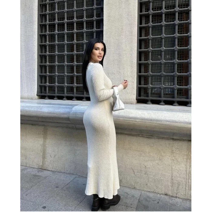 Arnay Bisiklet Yaka Fitilli Uzun Elbise - Beyaz