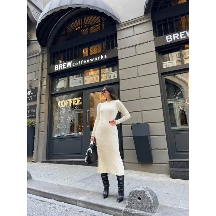 Arnay Bisiklet Yaka Fitilli Uzun Elbise - Beyaz