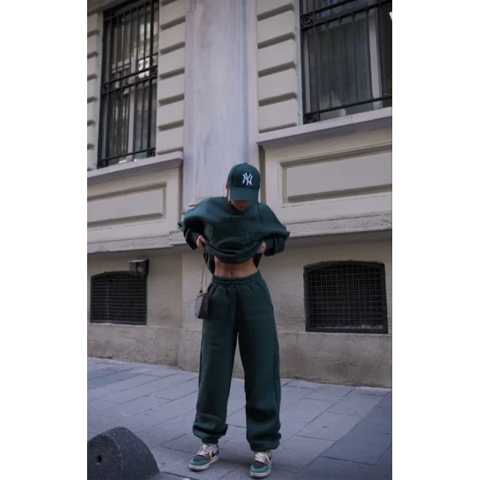 Arnay Bisiklet Yaka Nakış İşlemeli Üç İplik Sweat Takım - Yeşil