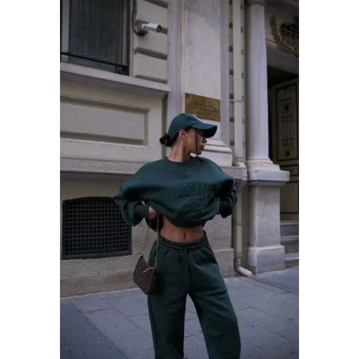 Arnay Bisiklet Yaka Nakış İşlemeli Üç İplik Sweat Takım - Yeşil