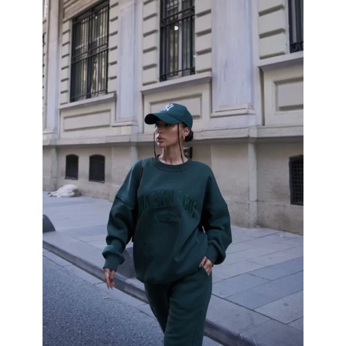 Arnay Bisiklet Yaka Nakış İşlemeli Üç İplik Sweat Takım - Yeşil