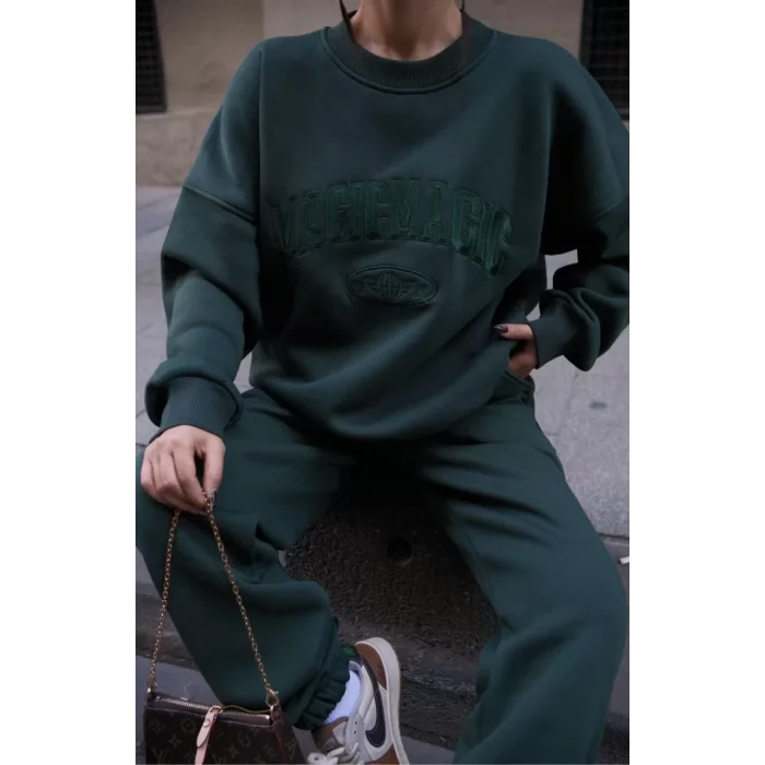 Arnay Bisiklet Yaka Nakış İşlemeli Üç İplik Sweat Takım - Yeşil