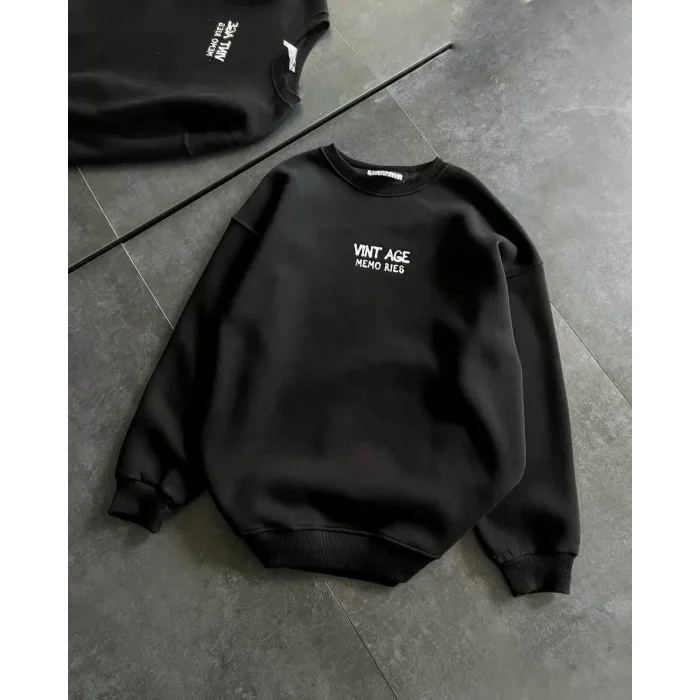 Arnay Bisiklet Yaka Üç İplik Baskılı Oversize Sweatshirt - Siyah