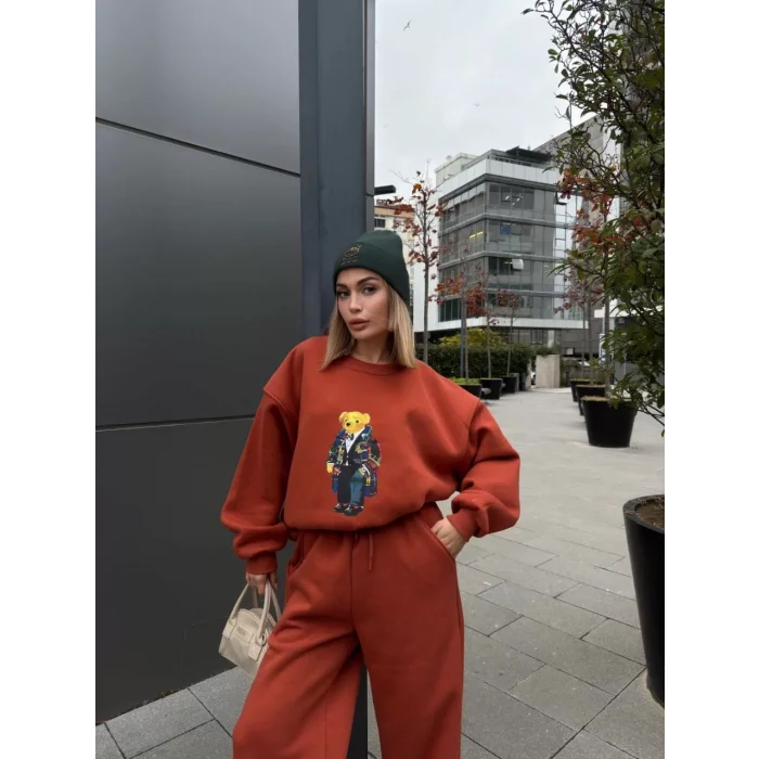 Arnay Bisiklet Yaka Üç İplik Sweat Takım - Kiremit