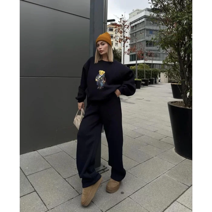 Arnay Bisiklet Yaka Üç İplik Sweat Takım - Siyah