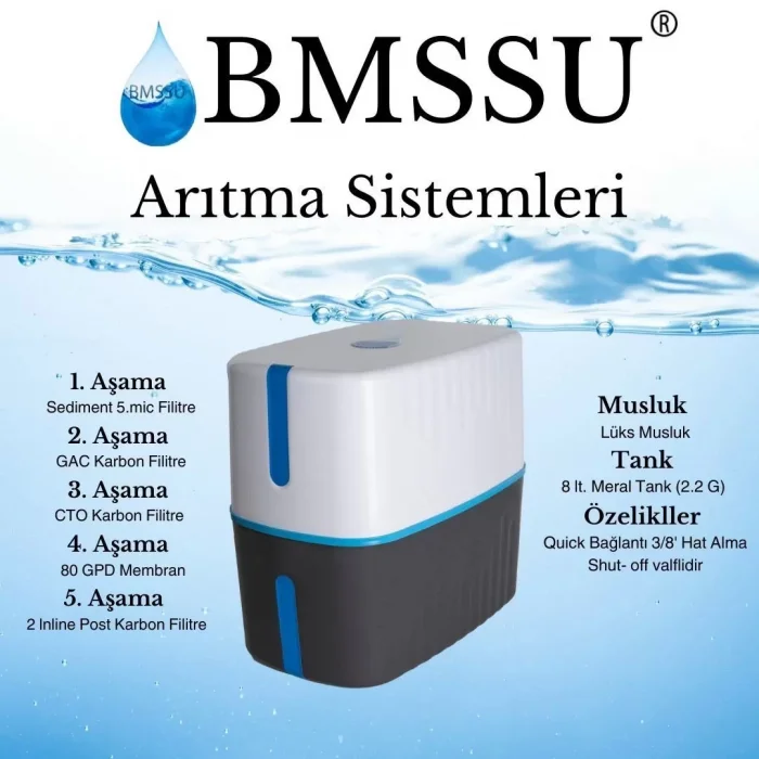 Arnay Bms Su Arıtma 5 Aşamalı 8 Lt Çelik Tanklı Pompasız Multi Mineralli Su Arıtma Cihazı Premium Seri