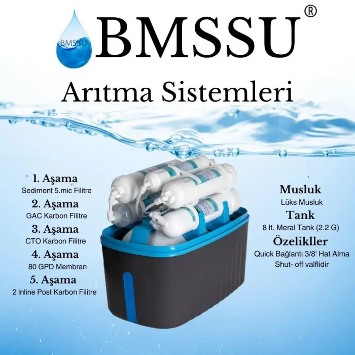 Arnay Bms Su Arıtma 5 Aşamalı 8 Lt Çelik Tanklı Pompasız Multi Mineralli Su Arıtma Cihazı Premium Seri