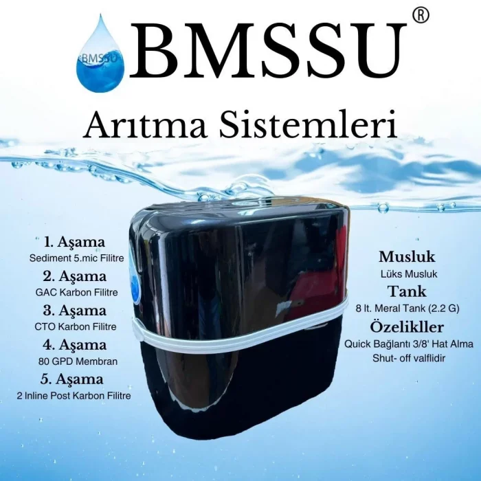 Arnay Bms Su Arıtma 5 Aşamalı 8 Lt Çelik Tanklı Pompasız Multi Mineralli Su Arıtma Cihazı Premium Seri