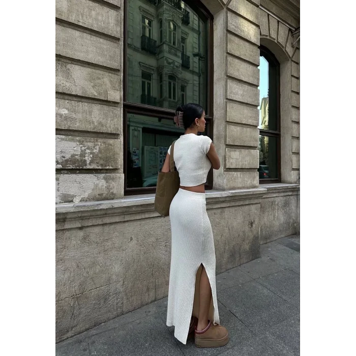 Arnay Bolerolu Boğazlı Uzun Elbise 2 Li Triko Takım - Beyaz