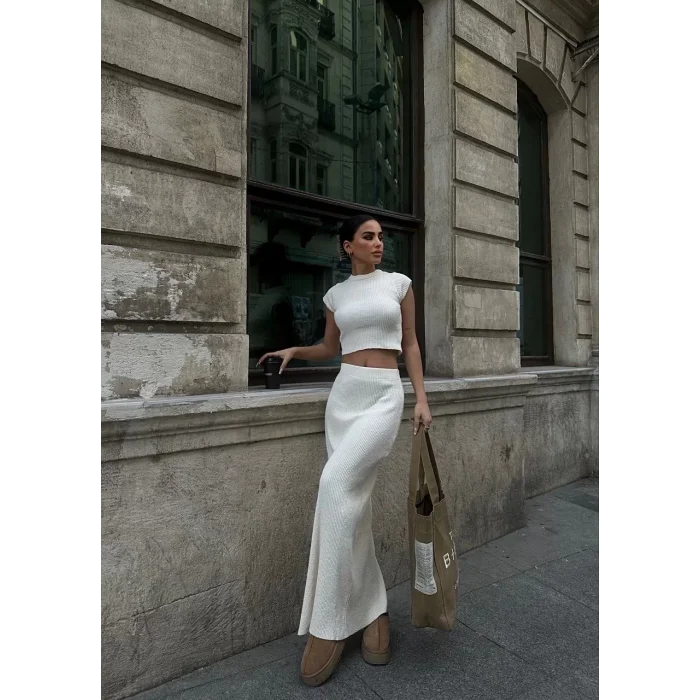 Arnay Bolerolu Boğazlı Uzun Elbise 2 Li Triko Takım - Beyaz