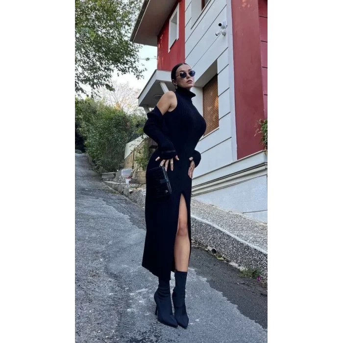 Arnay Bolerolu Boğazlı Uzun Elbise 2 Li Triko Takım - Siyah