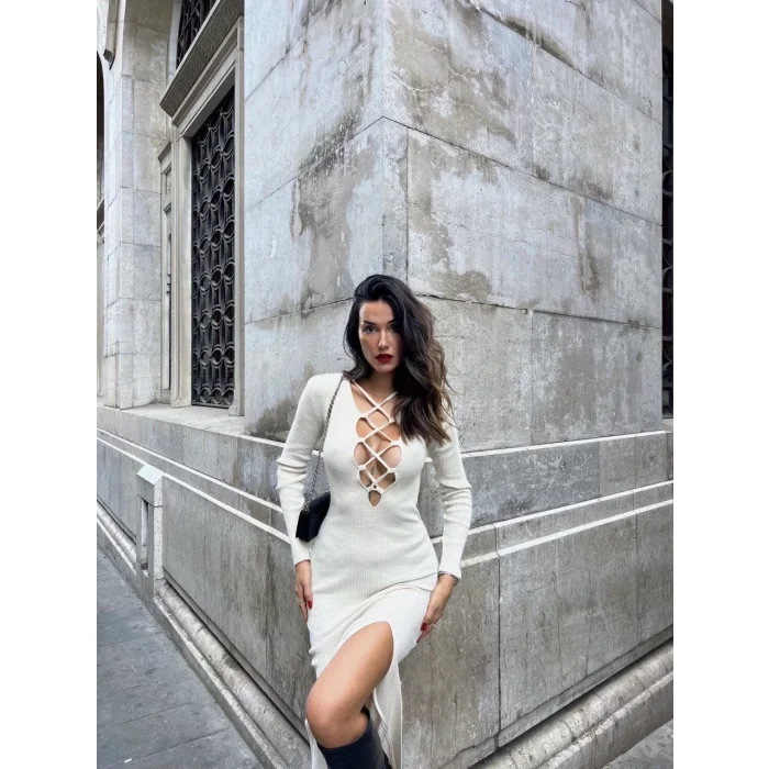 Arnay Çapraz Dekolte Fitilli Triko Elbise - Beyaz