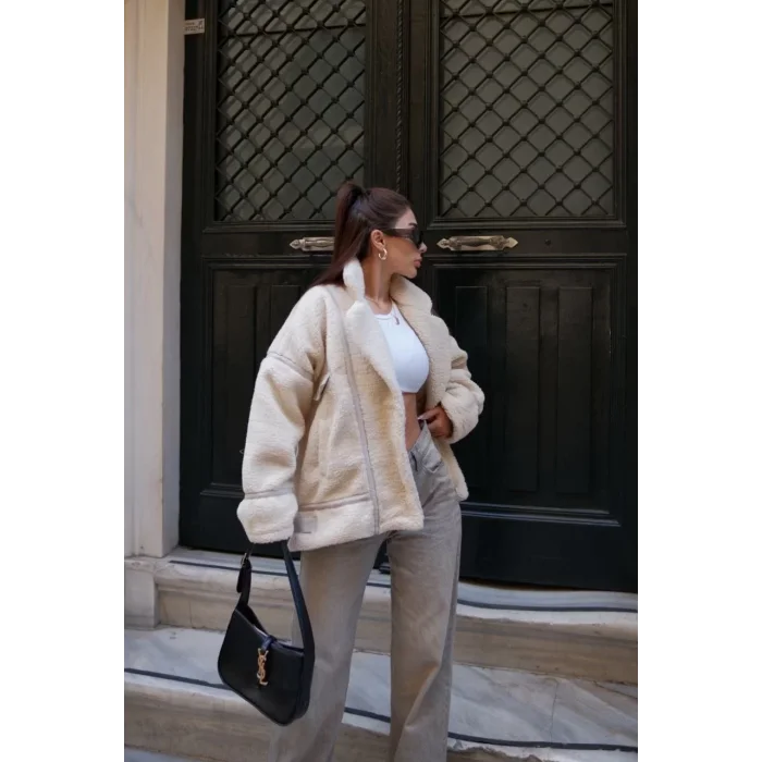 Arnay Cıt Cıt Detaylı Peluş Mont Ceket - Beyaz