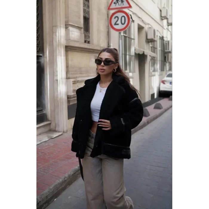 Arnay Cıt Cıt Detaylı Peluş Mont Ceket - Siyah