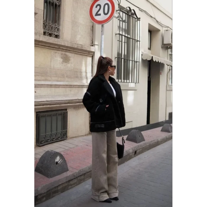 Arnay Cıt Cıt Detaylı Peluş Mont Ceket - Siyah