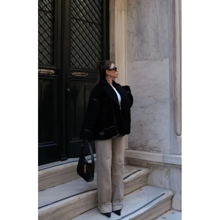 Arnay Cıt Cıt Detaylı Peluş Mont Ceket - Siyah