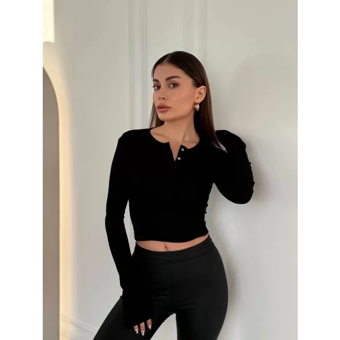 Arnay Cıt Cıt Detaylı Uzun Kollu Crop - Siyah