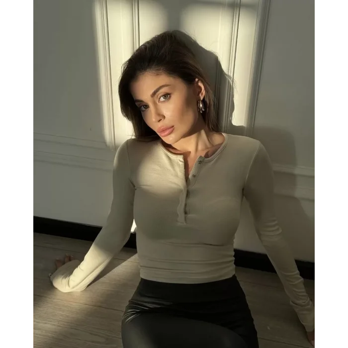 Arnay Cıt Cıt Detaylı Uzun Kollu Crop - Taş