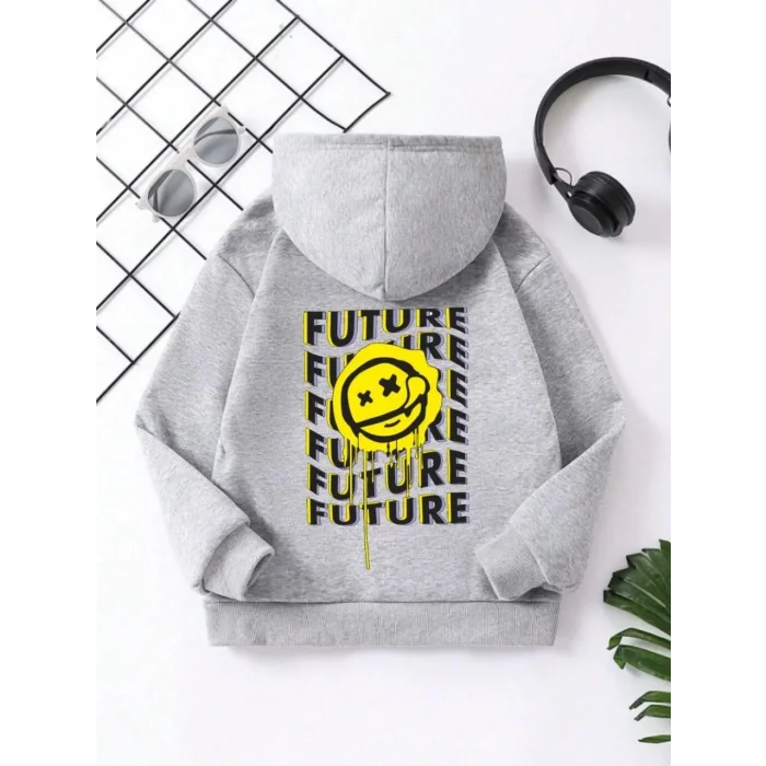 Arnay Çocuk Unisex Kapüşonlu Emoji Baskılı Sweatshirt - Gri