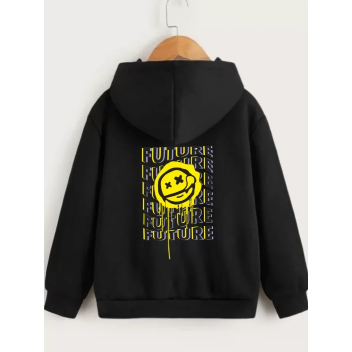 Arnay Çocuk Unisex Kapüşonlu Ön Ve Arka Emoji Baskılı Sweatshirt - Siyah