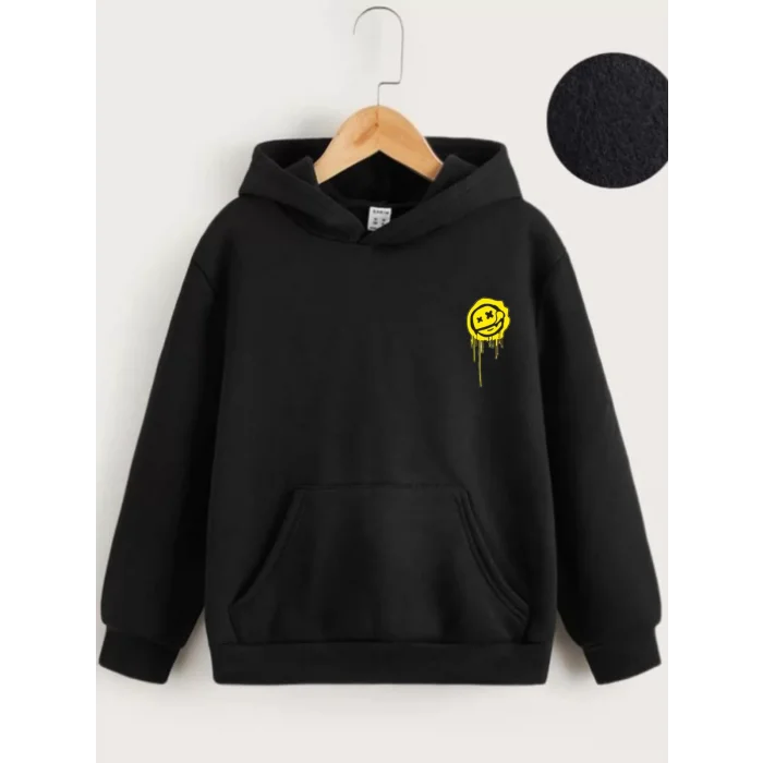 Arnay Çocuk Unisex Kapüşonlu Ön Ve Arka Emoji Baskılı Sweatshirt - Siyah