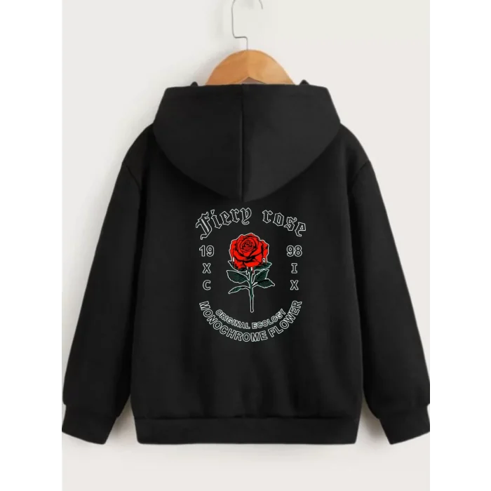 Arnay Çocuk Unisex Kapüşonlu Ön Ve Arka Fiery Rose Baskılı Sweatshirt - Siyah