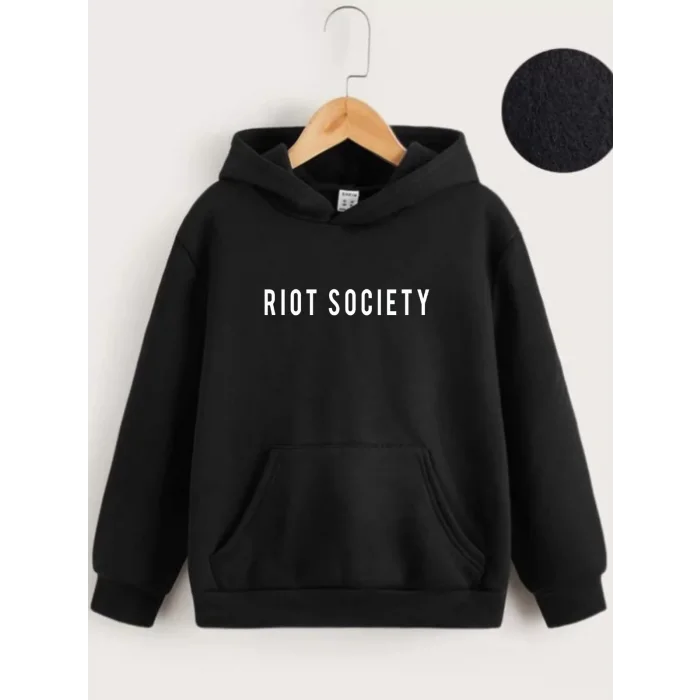 Arnay Çocuk Unisex Kapüşonlu Riot Society Baskılı Sweatshirt - Siyah