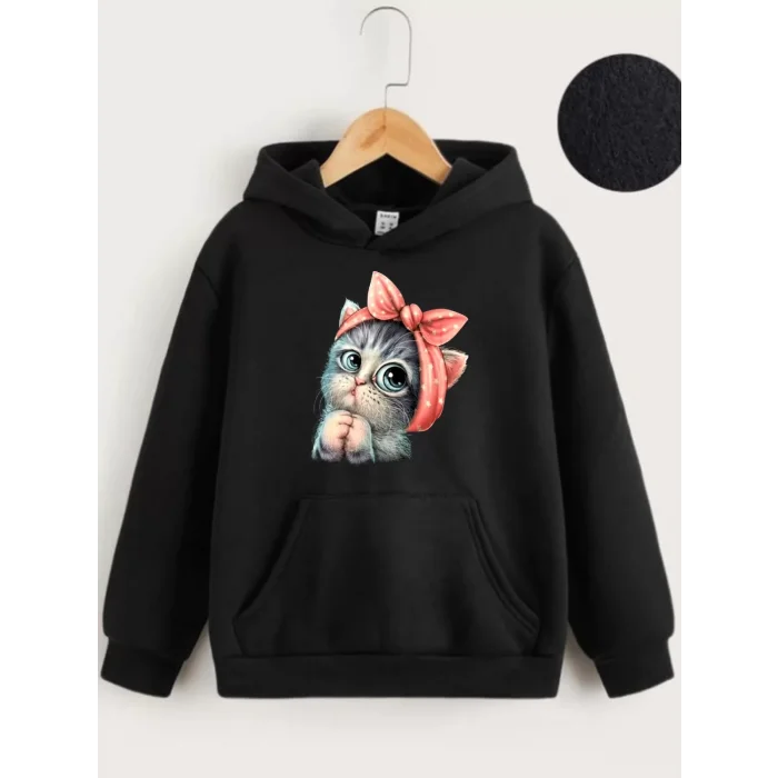 Arnay Çocuk Unisex Kapüşonlu Tatlı Kedi Baskılı Sweatshirt - Siyah