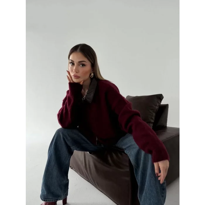 Arnay Deri Yakalı Pamuk Dokulu Çift Taraflı Çalışan Fermuar Ceket - Bordo