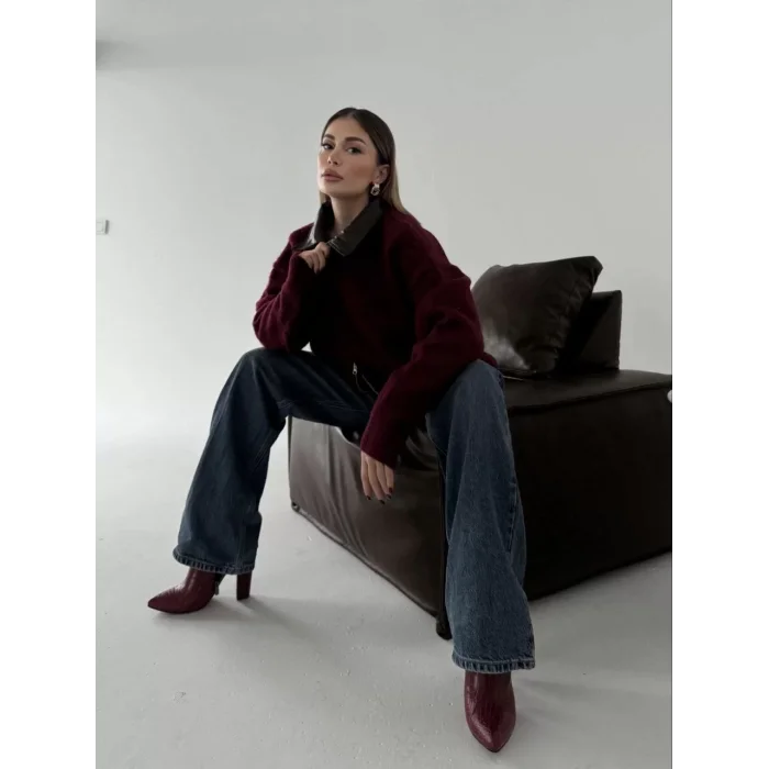 Arnay Deri Yakalı Pamuk Dokulu Çift Taraflı Çalışan Fermuar Ceket - Bordo