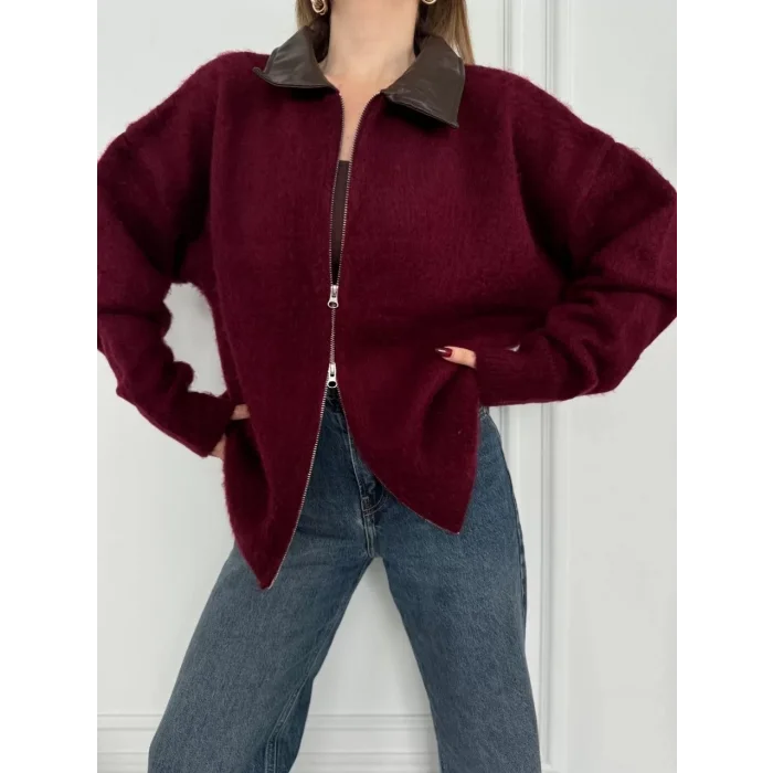 Arnay Deri Yakalı Pamuk Dokulu Çift Taraflı Çalışan Fermuar Ceket - Bordo