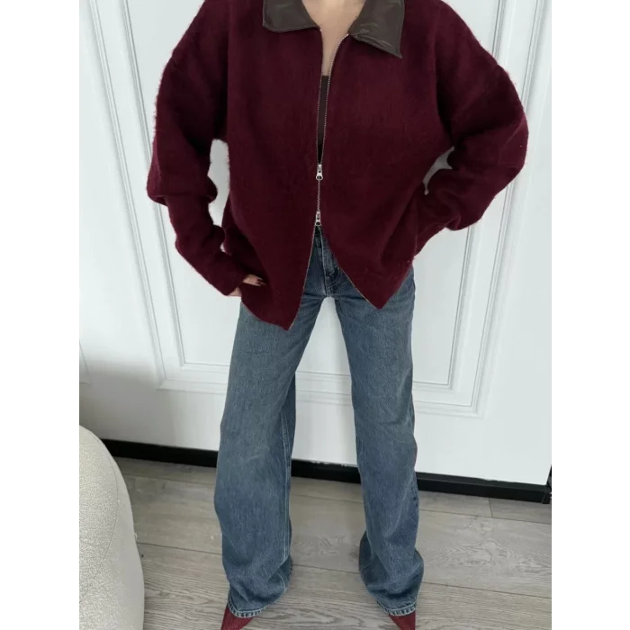 Arnay Deri Yakalı Pamuk Dokulu Çift Taraflı Çalışan Fermuar Ceket - Bordo