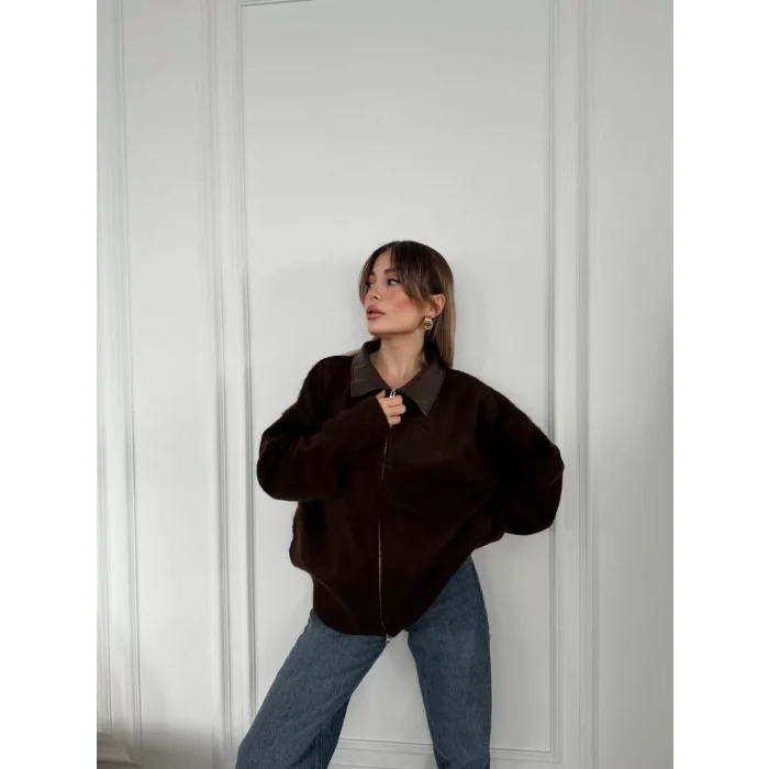 Arnay Deri Yakalı Pamuk Dokulu Çift Taraflı Çalışan Fermuar Ceket - Kahve