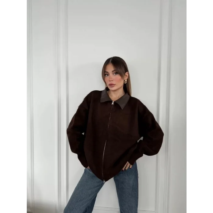 Arnay Deri Yakalı Pamuk Dokulu Çift Taraflı Çalışan Fermuar Ceket - Kahve