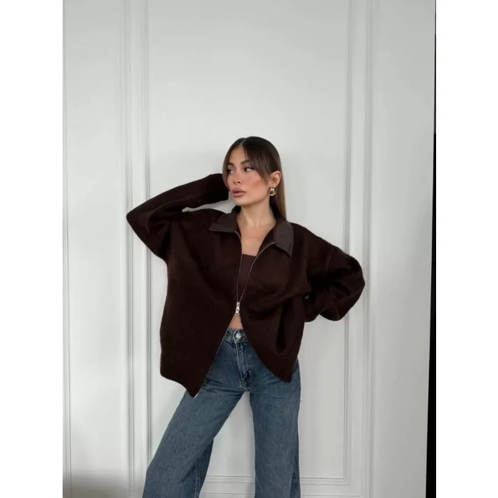 Arnay Deri Yakalı Pamuk Dokulu Çift Taraflı Çalışan Fermuar Ceket - Kahve