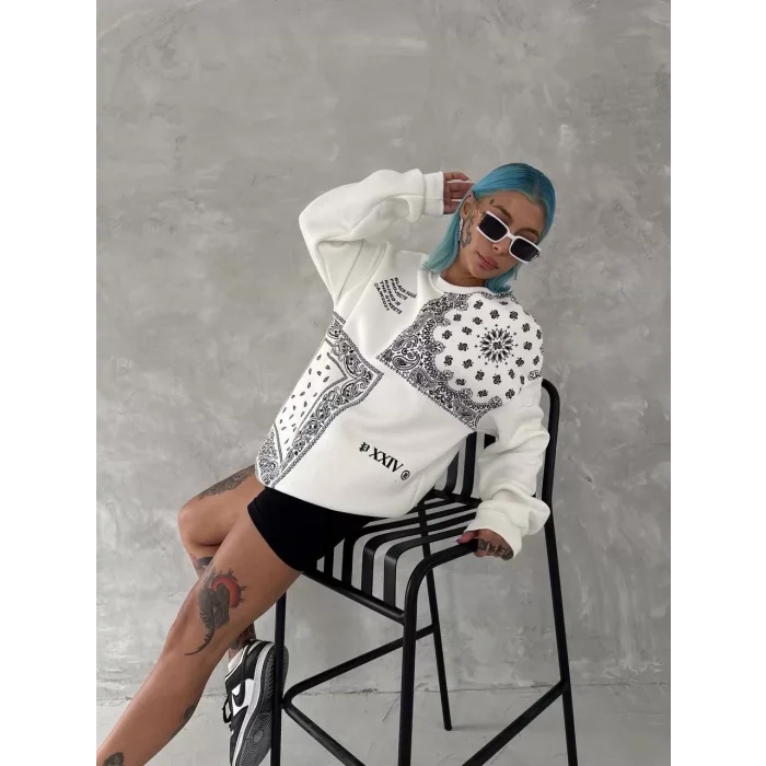 Arnay Desenli Üç İplik Bisiklet Yaka Oversize Sweatshirt - Beyaz