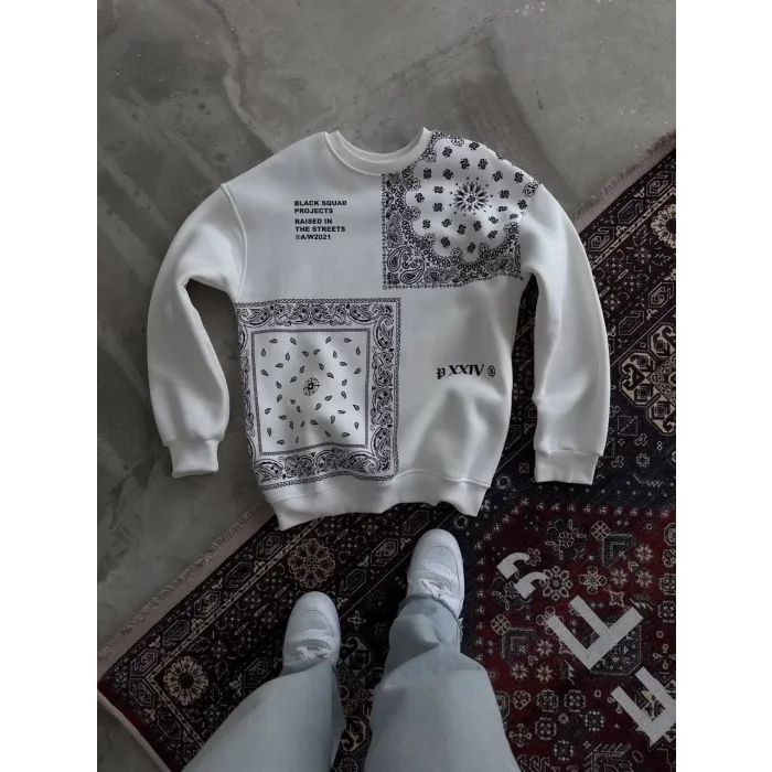 Arnay Desenli Üç İplik Bisiklet Yaka Oversize Sweatshirt - Beyaz
