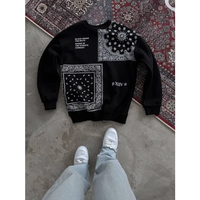 Arnay Desenli Üç İplik Bisiklet Yaka Oversize Sweatshirt - Siyah