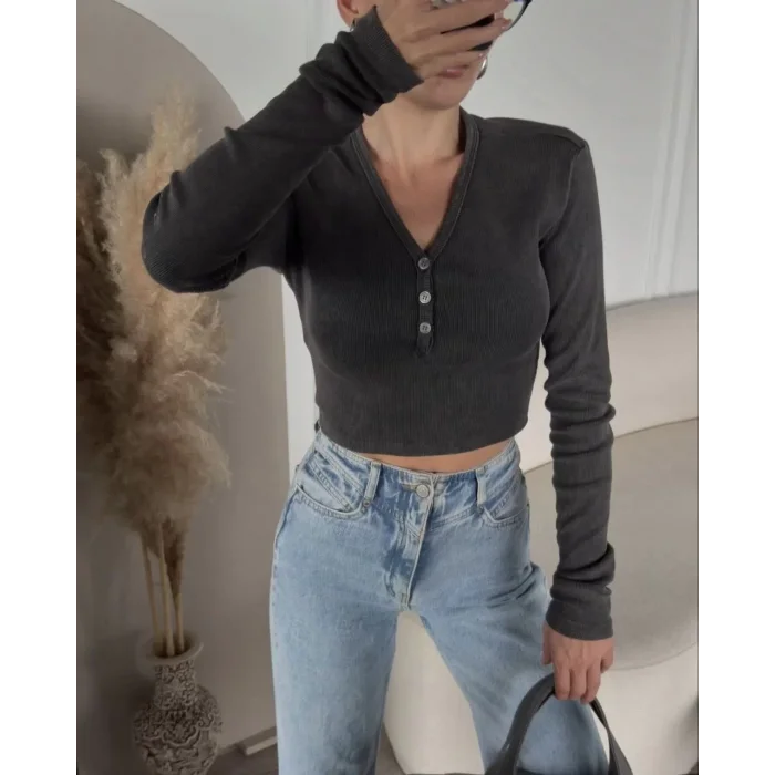 Arnay Düğme Detaylı Yıkamalı Crop