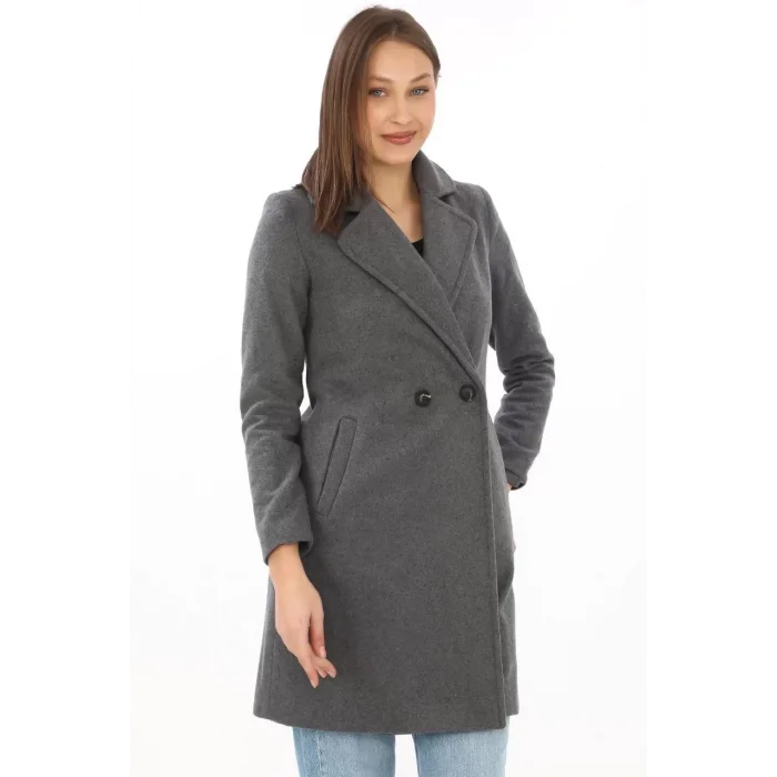 Arnay Düğmeli İçi Astarlı Kadın Kaşmir Kaşe Kaban - Füme