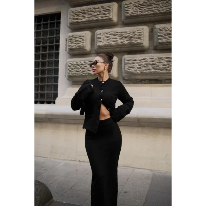 Arnay Düğmeli Triko İkili Etekli Takım- Siyah