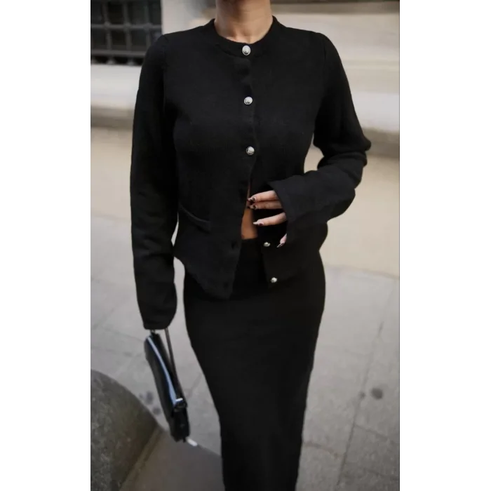 Arnay Düğmeli Triko İkili Etekli Takım- Siyah