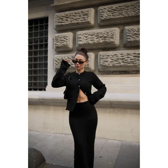 Arnay Düğmeli Triko İkili Etekli Takım- Siyah