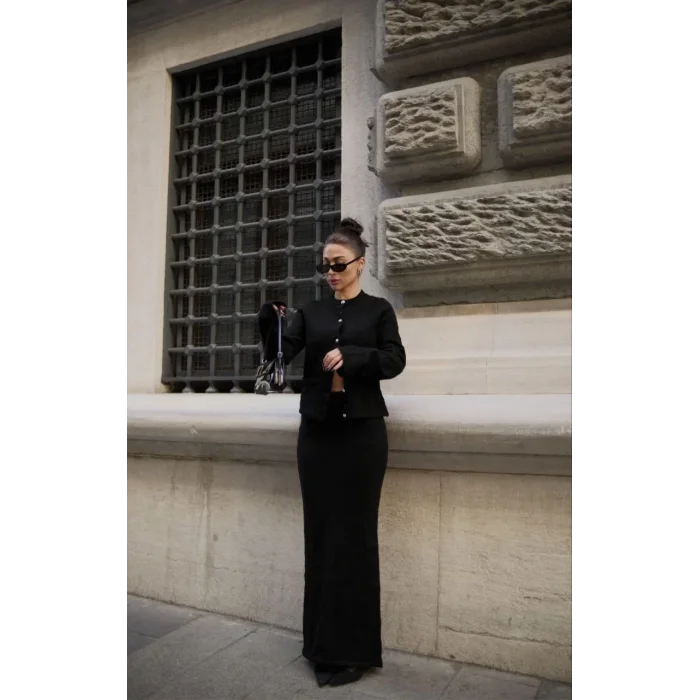 Arnay Düğmeli Triko İkili Etekli Takım- Siyah