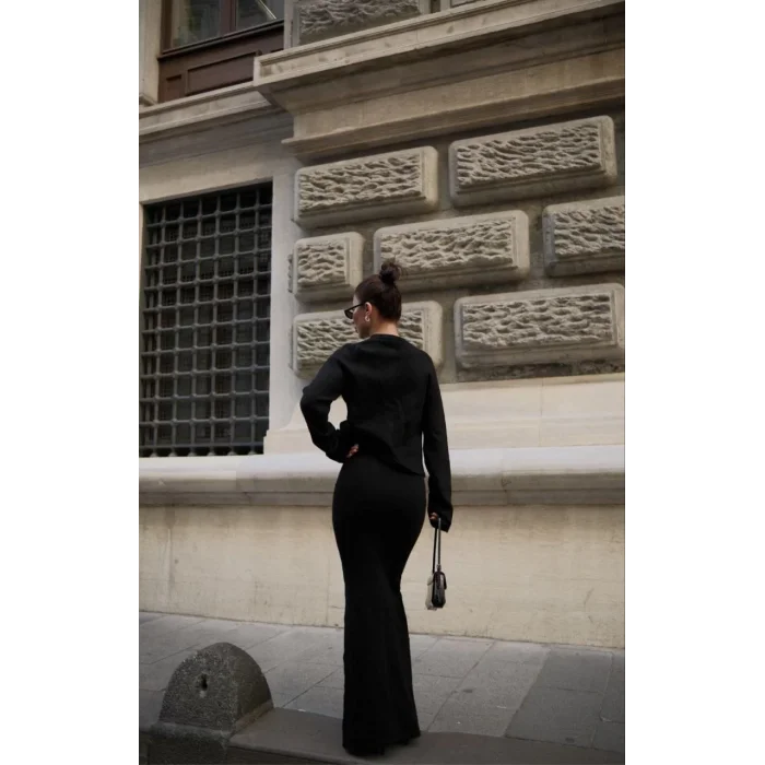 Arnay Düğmeli Triko İkili Etekli Takım- Siyah