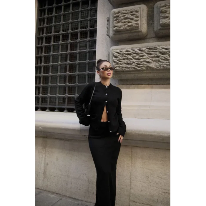 Arnay Düğmeli Triko İkili Etekli Takım- Siyah