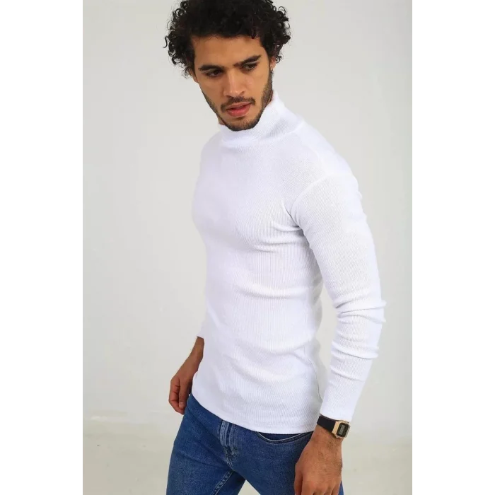 Arnay Erkek Kaşkorse Boğazlı Full Likralı Fitilli Body Kazak - Beyaz