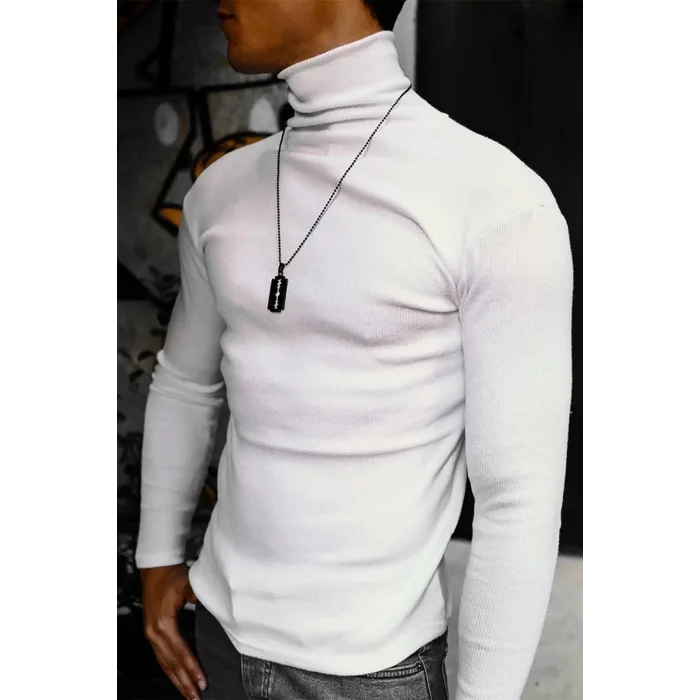 Arnay Erkek Kaşkorse Boğazlı Full Likralı Fitilli Body Kazak - Beyaz