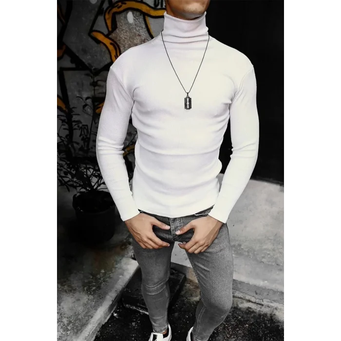 Arnay Erkek Kaşkorse Boğazlı Full Likralı Fitilli Body Kazak - Beyaz