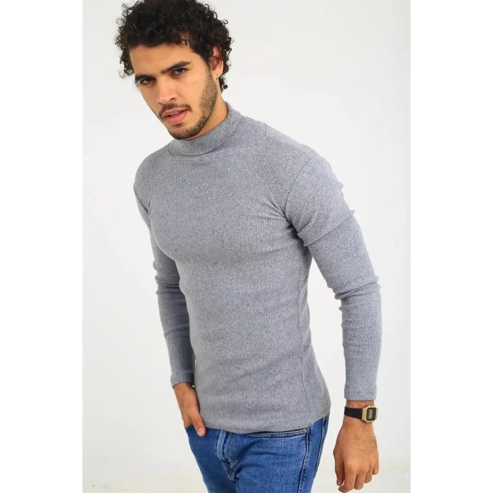 Arnay Erkek Kaşkorse Boğazlı Full Likralı Fitilli Body Kazak - Gri